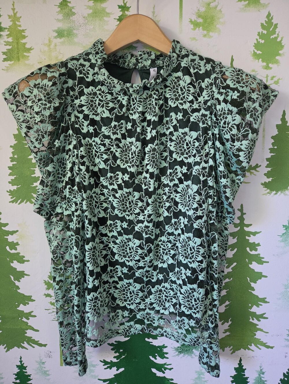 Mint Green Lace Overlay Flutter-Sleeve Blouse